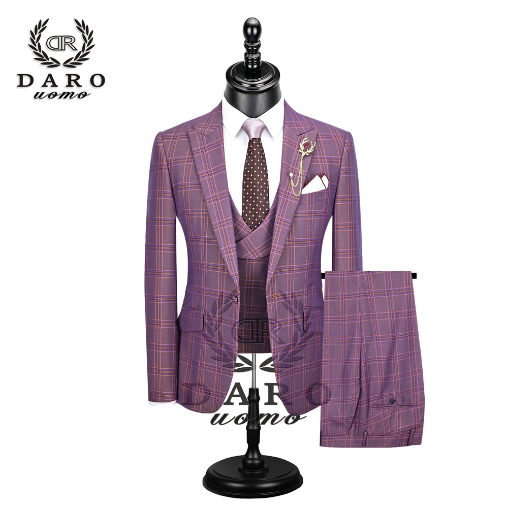 Men Suit 3 Pieces Fashion Plaid Suit